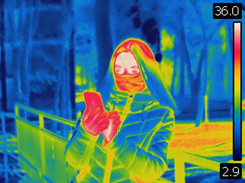 Image is taken with Flir T420 infra red camera. Each color represents different temperatures, as is shown on spectrum scale on right side of image.
