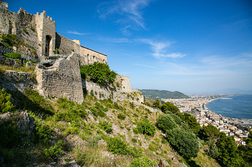 Salerno, Campania, Italy - 26 June 2021:  Longobard castle of Arechi on the hill overlooking the gulf