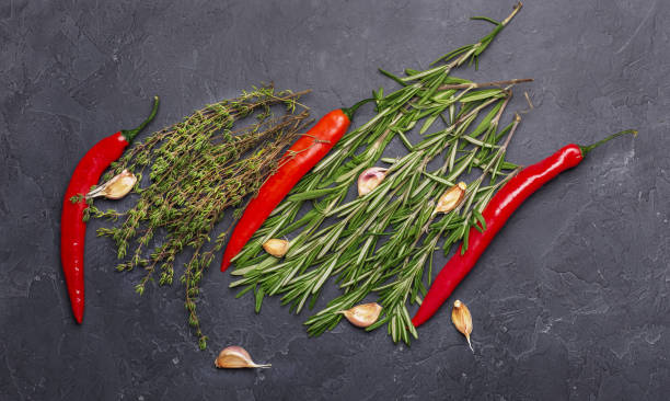 thyme, rosemary, garlic and red hot pepper top view thyme, rosemary, garlic and red hot pepper top relish green food isolated stock pictures, royalty-free photos & images