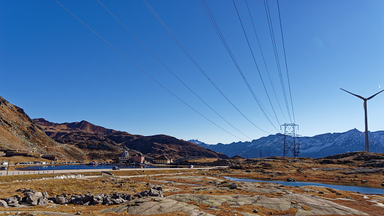 Picture of powercables running on top of the alps