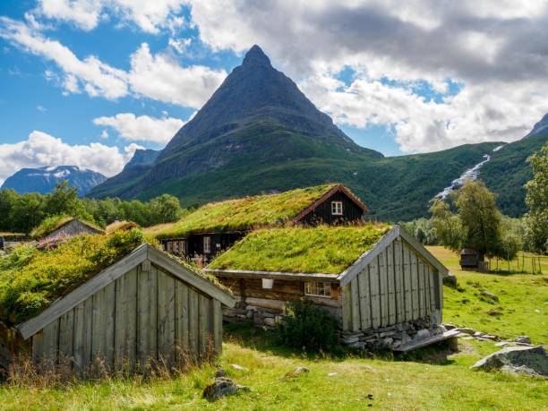 インナーダレンの草の屋根を持つ典型的なノルウェーの古い木造住宅 - ノルウェー - scandinavian lake cottage house ストックフォトと画像