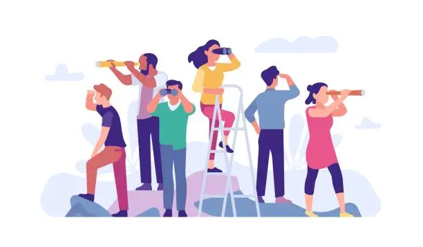Vector illustration of Goal search. People looks different directions through binoculars and spyglasses. Men and women peer into distance. Persons find opportunities in future. Forward vision. Vector concept