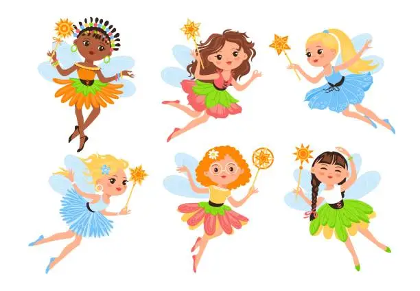 Vector illustration of Little fairy. Beautiful girls with wings and magic wands, cute fabulous small characters, young sorceresses in colored dresses, flying fairytale elf kids, vector cartoon flat isolated set