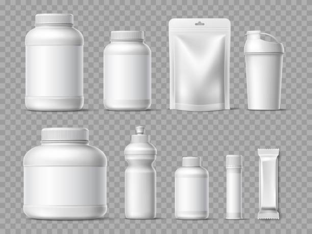 Realistic sport nutrition packaging. Protein powder white containers mockup, training and supplements plastic cans and bags, workout food, vitamins and energy drinks vector 3d isolated set Realistic sport nutrition packaging. Protein powder white containers mockup, training and dietary supplements plastic cans and bags, workout food, vitamins and energy drinks, vector 3d isolated set protein powder bottle stock illustrations