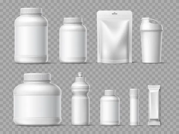 Vector illustration of Realistic sport nutrition packaging. Protein powder white containers mockup, training and supplements plastic cans and bags, workout food, vitamins and energy drinks vector 3d isolated set