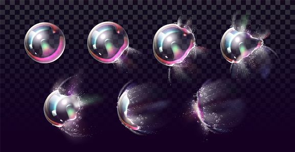 Soap bubble explosion stages. Realistic rainbow color ball bursts with splashes by frame. Spherical transparent objects break. 3D bursting foam element. Vector isolated iridescent froth spheres set