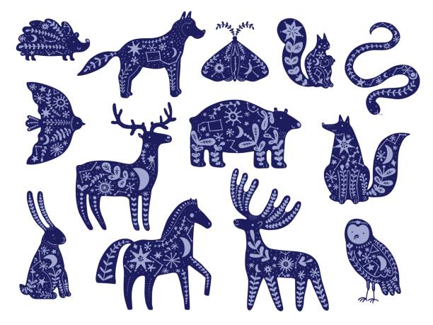 ilustrações de stock, clip art, desenhos animados e ícones de mystic stars animals. decorated silhouettes creatures, floral elements and constellations, bohemian magical fauna with plant leaves and astrology signs, vector cartoon flat isolated set - folk music