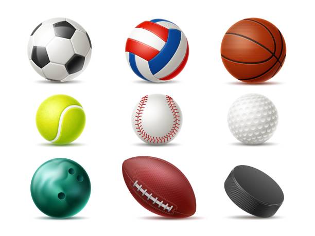 realistic sports balls. 3d football, tennis, rugby and golf accessories. basketball, baseball, soccer objects. different games professional equipment. vector isolated playing spheres set - american football stadium 幅插畫檔、美工圖案、卡通及圖標