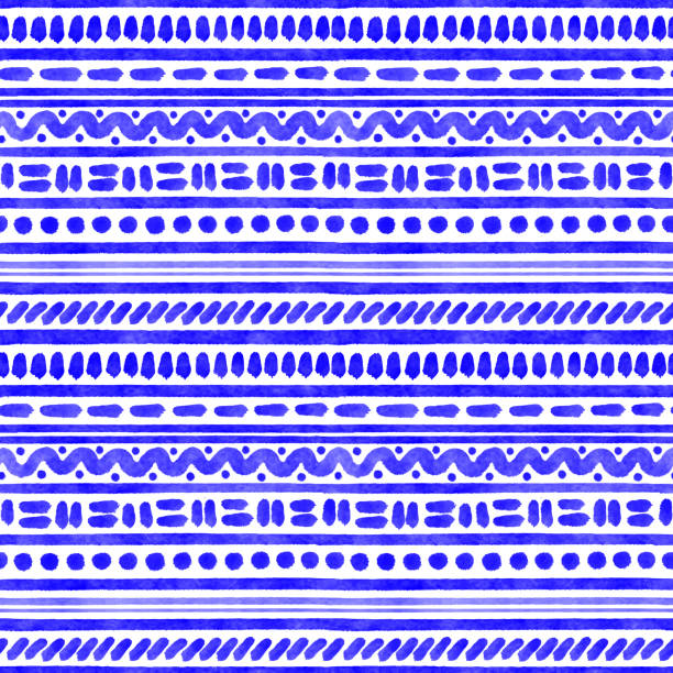 블루 수채화 원활한 부족 패턴. 손으로 그린 줄무늬, 파도와 원 패턴 배경. 해안 여름 개념. 인사말 카드 및 라벨, 마케팅, 명함 추상적 배경에 대한 디자인 요소. - indigenous culture illustrations stock illustrations