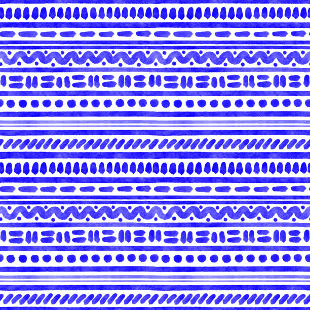 stockillustraties, clipart, cartoons en iconen met blue watercolor seamless tribal pattern. hand drawn stripes, waves and circles pattern background. coastal summer concept. design element for greeting cards and labels, marketing, business card abstract background. - maya