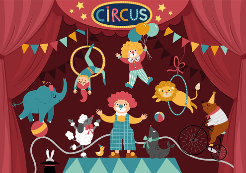 Vector circus stage with red curtains, artists, clown, animals. Street show scene with cute characters. Flat festival background. Holiday event or entertainment show card design