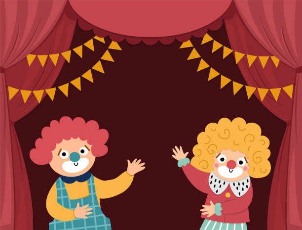 illustrazioni stock, clip art, cartoni animati e icone di tendenza di palcoscenico circense vettoriale con tende rosse, bandiere, clown e posto per il testo. sfondo della scena del concerto. decorazione della sala piatta. presentazione di eventi festivi o spettacoli di intrattenimento o progettazione di carte - curtain red color image clown