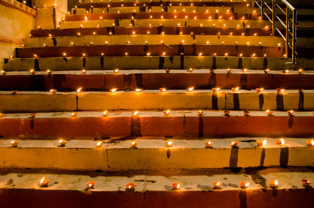 14th november 2016 varanasi india :Ghats of Varanasi decorated and light up with small earthen lamps during Dev Diwali Festival at the ghats of Ganges in Varanasi. Dev Diwali is a festival of light celebrated at Varanasi in India.