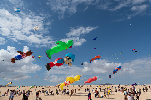 Kites flying at Corralejo International Kite Festival 2021 34th edition