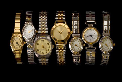 Many watches with different times.