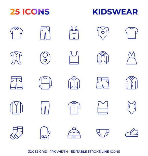illustrazioni stock, clip art, cartoni animati e icone di tendenza di kidswear modificabile stroke line icon series - capri