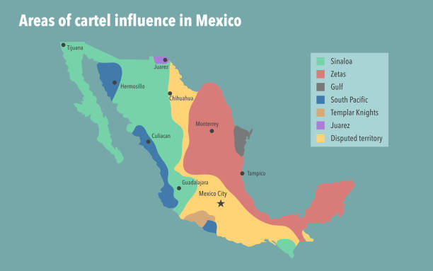 Cartel influence in Mexico Map with coloured areas of cartel influence in Mexico drug cartel stock illustrations