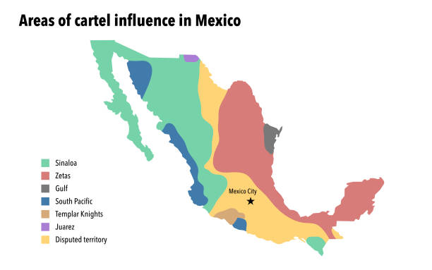 Cartel influence in Mexico Map with coloured areas of cartel influence in Mexico drug cartel stock illustrations