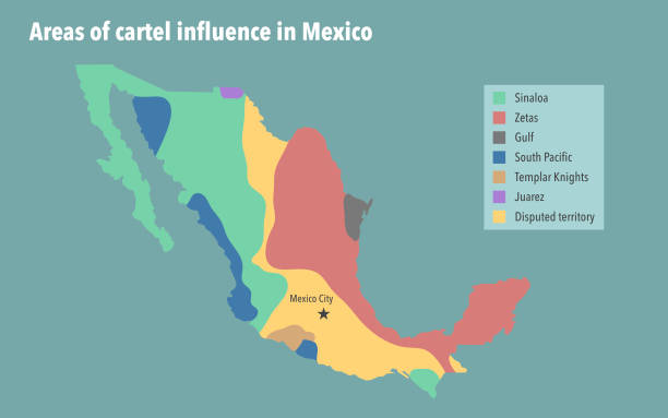 Cartel influence in Mexico Map with coloured areas of cartel influence in Mexico drug cartel stock illustrations