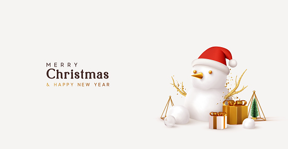 Merry Christmas and Happy New Year. Xmas Festive background. Realistic 3d objects snowman, gifts boxes, decorative design elements tree and snow. Holiday Greeting card, banner, web poster.