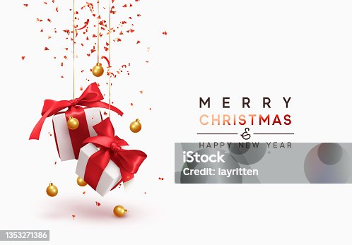 istock Merry Christmas and Happy New Year. Background with realistic festive gifts box. Xmas present. white with red ribbon gift surprise, Golden Christmas baubles, balls, glitter gold confetti. 1353271386