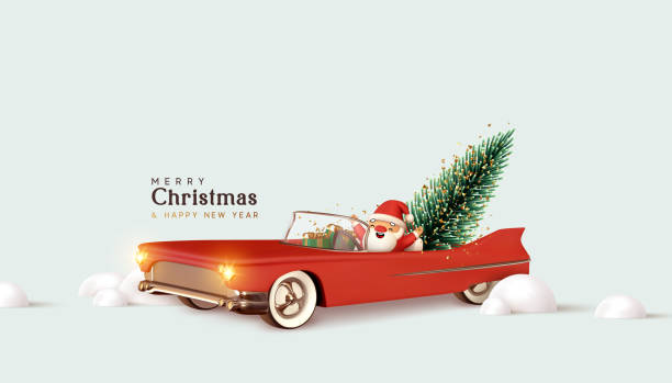 illustrations, cliparts, dessins animés et icônes de le père noël en voiture décapotable rétro rouge porte un arbre de noël. - christmas christmas card greeting card greeting