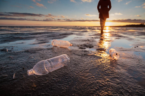 istock Plastic bottles thrown ashore and the man in the background 1353274336