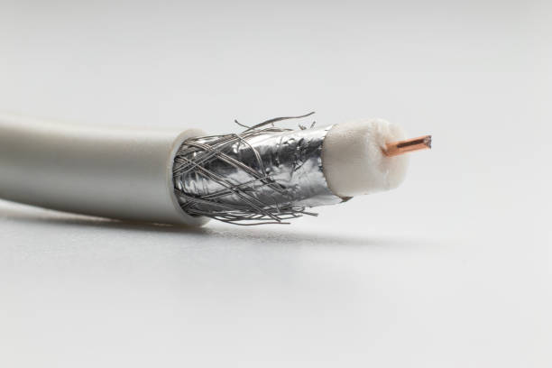 stripped tv coaxial cable on white background - cable coaxial cable television connection block imagens e fotografias de stock