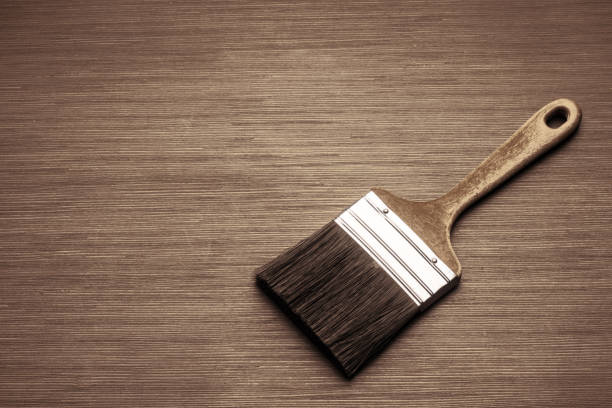 istock Wide brush with dark bristles on a wooden surface with copy space 1353278406