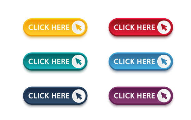 stockillustraties, clipart, cartoons en iconen met click here button with arrow pointer clicking icon. click here vector web button. web button with action of arrow pointer. click here, ui button concept. vector illustration - muisaanwijzer