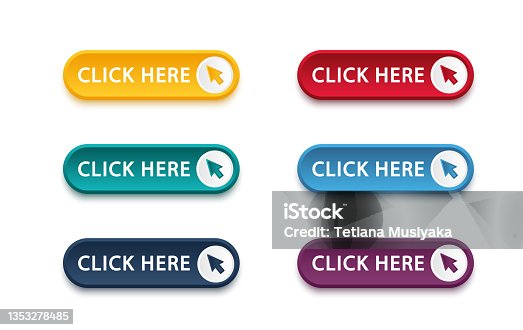 istock Click here button with arrow pointer clicking icon. Click here vector web button. Web button with action of arrow pointer. Click here, UI button concept. Vector illustration 1353278485