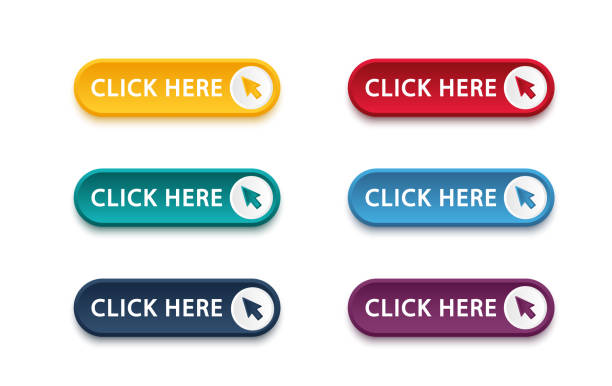 Click here button with arrow pointer clicking icon. Click here vector web button. Web button with action of arrow pointer. Click here, UI button concept. Vector illustration Click here button with arrow pointer clicking icon. Click here vector web button. Web button with action of arrow pointer. Click here, UI button concept. Vector illustration computer mouse stock illustrations
