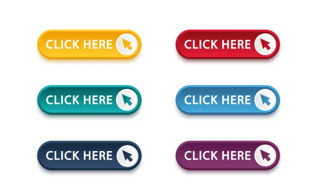 Vector illustration of Click here button with arrow pointer clicking icon. Click here vector web button. Web button with action of arrow pointer. Click here, UI button concept. Vector illustration