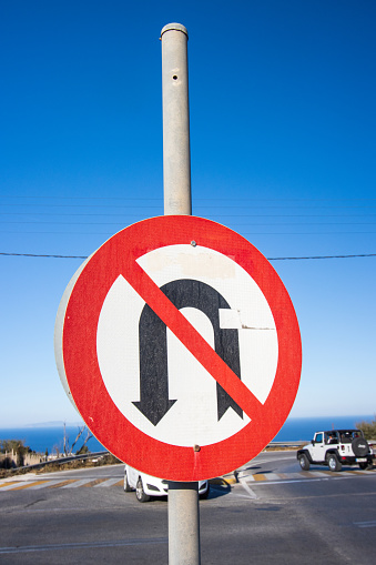 No U-Turn Sign near Pyrgos Kallistis on Santorini in South Aegean Islands, Greece