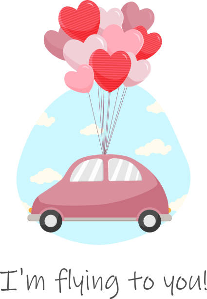 istock The car flies on balloons in the form of hearts. Vector illustration 1353281941