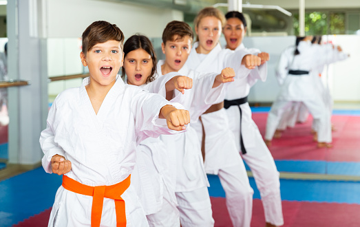 Team of motivated teenagers are engaged in karate in the gym