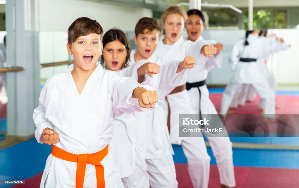 Team of motivated teenagers are engaged in karate in gym Team of motivated teenagers are engaged in karate in the gym Karate Stock Photo