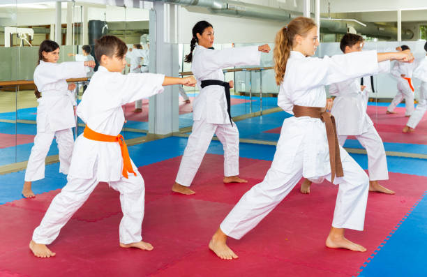 niños y niñas ejercitando kata durante el entrenamiento de karate - karate child judo belt fotografías e imágenes de stock