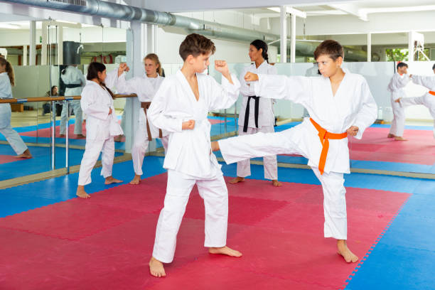 istock Two boys working in pair, mastering new karate moves in class closeup 1353282184