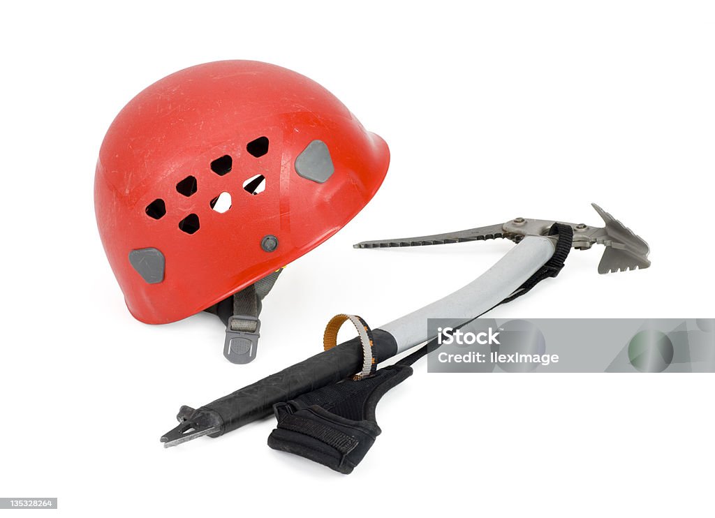 Ice Climbing Helmet and ice tool used in ice climbing. Isolated on a white background. Helmet Stock Photo