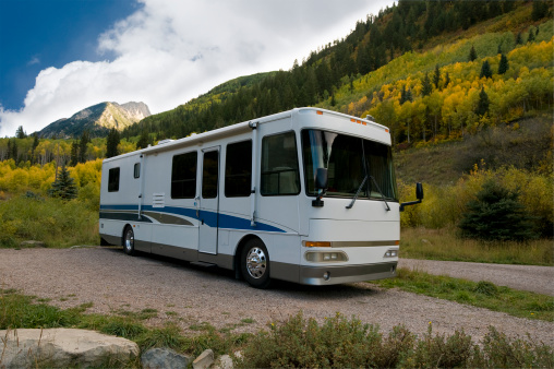 Motorhome sits in a beautiful mountain campground near Redstone, Colorado.