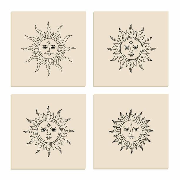 Set of boho mystic and celestial suns with faces. Set of boho mystic and celestial suns with faces. Vector silhouette design. Alchemy and astrology symbol. Solar sign. Tattoo. Monochrome celestial print. Engraving vintage illustration. sun tattoos stock illustrations