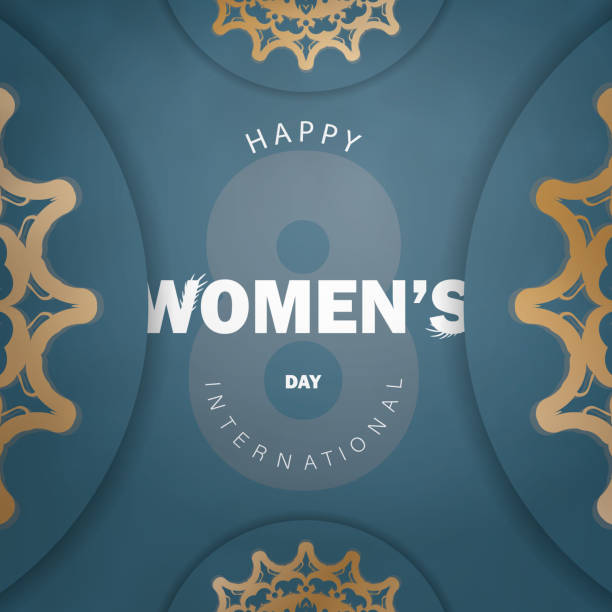 istock International women's day greeting flyer template in blue with vintage gold pattern 1353285913