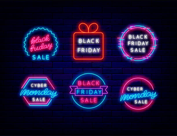 Black friday emblem set. Cyber monday sale neon label collection. Isolated vector stock illustration Black friday emblem set. Cyber monday sale neon label collection. Luminous logo. Outer glowing effect. Shiny sign. Editable stroke. Isolated vector stock illustration cyber monday stock illustrations