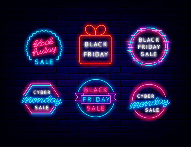 Black friday emblem set. Cyber monday sale neon label collection. Isolated vector stock illustration Black friday emblem set. Cyber monday sale neon label collection. Luminous logo. Outer glowing effect. Shiny sign. Editable stroke. Isolated vector stock illustration monday night stock illustrations