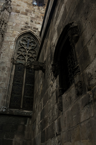 Gothic window into an equally Gothic courtyard. Fragment of the Barcelona Cathedral (The Cathedral of the Holy Cross and Saint Eulalia)