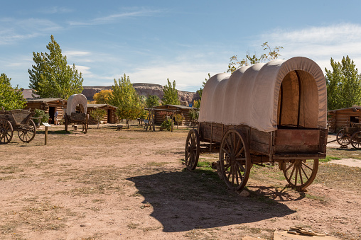 Antique western style covered wagon, USA