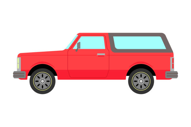 ilustrações de stock, clip art, desenhos animados e ícones de classic pickup. old red suv. off-road. side view. vector drawing. isolated object on white background. isolate. - pick up truck red old 4x4