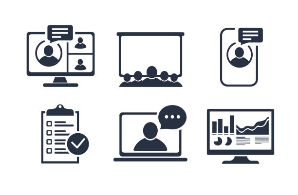 bildbanksillustrationer, clip art samt tecknat material och ikoner med video conference icon. people on computer screen. home office in quarantine times. digital communication. teaching media - virtuell verklighet