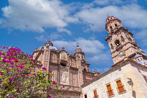 Mexico, Michoacan, famous scenic Morelia Cathedral located on Plaza de Armas in historic city center.